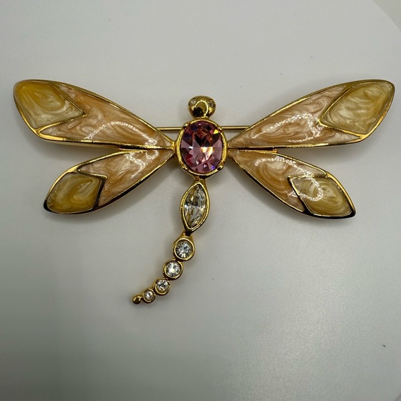 Vintage K.J.L. for Avon Dragonfly Brooch – Gold Tone Enamel Rhinestone Pin - Picture 1 of 5